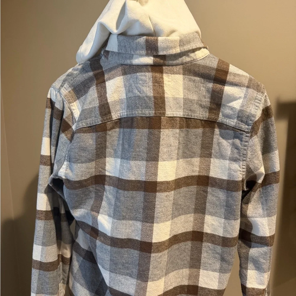 Hollister Men's Cream, Brown & Gray Plaid Hooded Button-Up Shirt - Picture 3 of 5